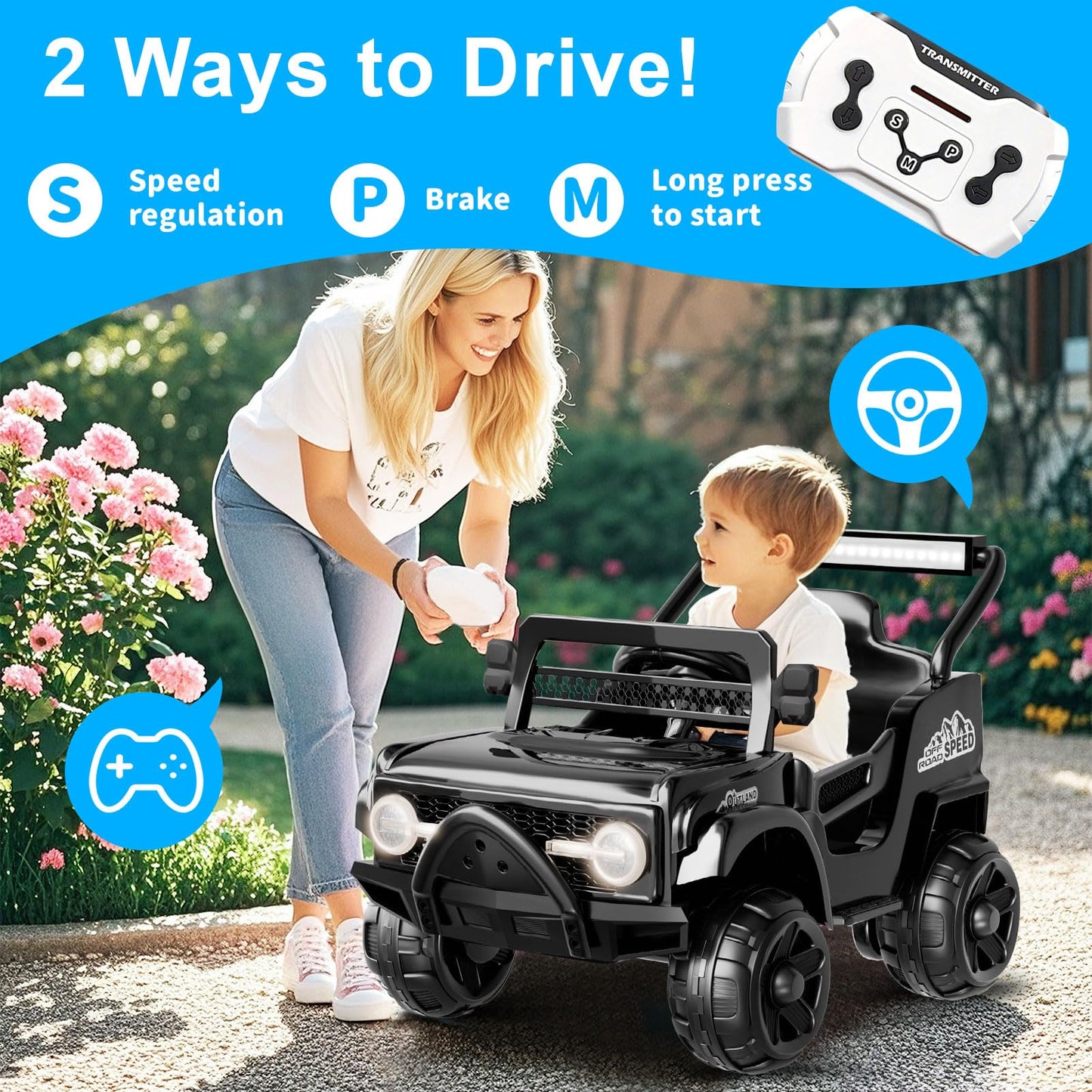 12V Kids Electric Car, Ride On Toys With Parent Remote, Spring Suspension, Bluetooth, Led Lights, 3 Speeds, Power Wheels With Re