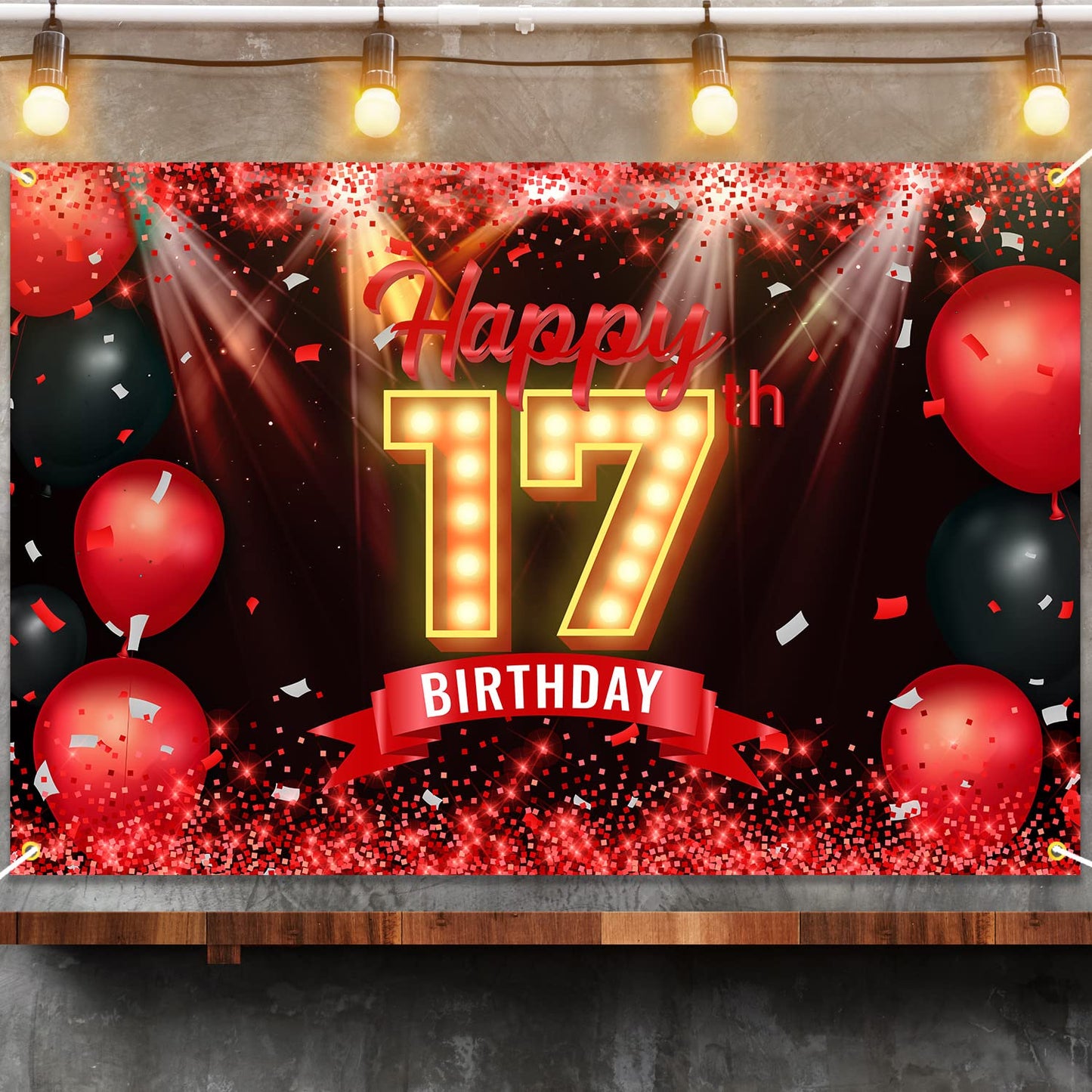Happy 17Th Birthday Banner Backdrop Red And Black 17 Years Old Background Bday Decorations For Girls Boys Photography Party Supplies Glitter
