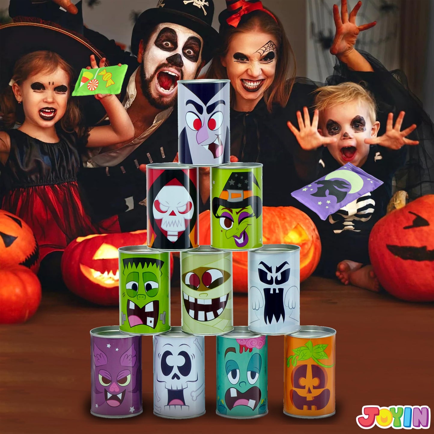 Joyin 13 Pcs Halloween Carnival Bean Bag Toss Game Set With 10 Tin Cans And 3 Bean Bag For Holiday, Birthday Party