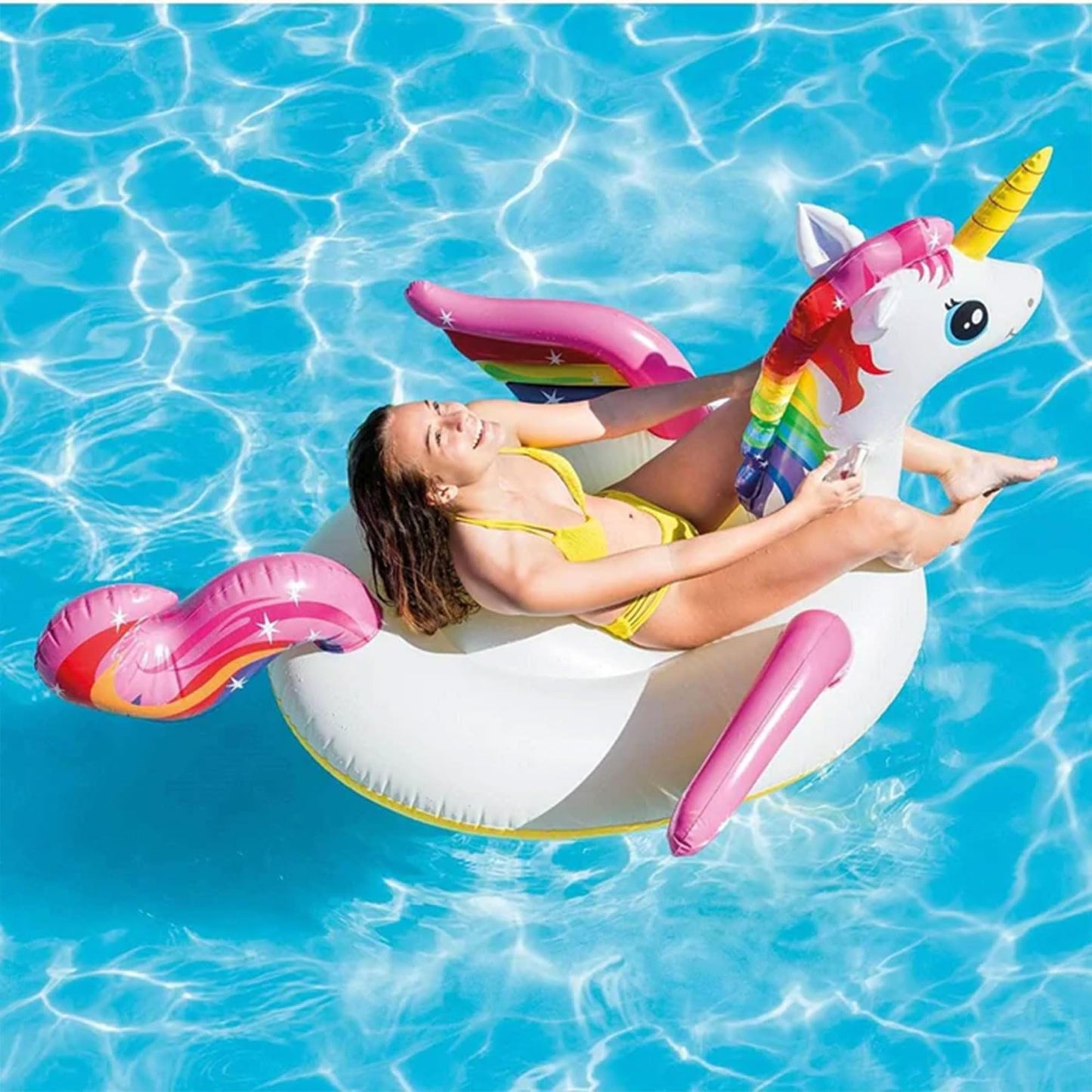 Intex Durable Premium Raft Grade Vinyl Unicorn Inflatable Ride On Pool Float With 2 Heavy Duty Handles And Repair Patch, Multicolor