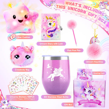 18Pcs Unicorns Gifts For Girls Kids Toys 3 4 5 6 7 8 9 10 Years Old With Diary/Light Up Plush Star Pillow/ Water Bottle/Eye Mask/Crossbody Bag/Headband Teen Girl Birthday Christmas Unicorn Toy