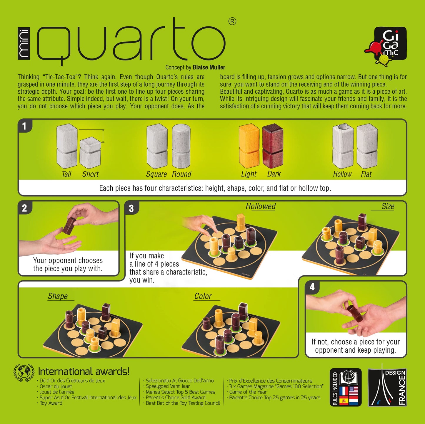 Quarto Mini | Travel-Friendly Strategy Game For Adults And Families | Ages 8+ | 2 Players | 15 Minutes