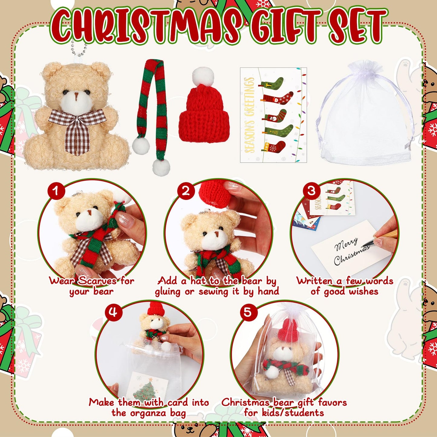 Poen 24 Set Christmas Gift 4 Inch Mini Christmas Stuffed Plush Bear With Santa Hat Scarf Christmas Cards Organza Bags Xmas Stuff
