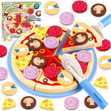 Wooden Pizza Toys for Kids, 24Pcs Cutting Toy Pizza Play Food Set, Pretend Play Kitchen Accessories Wood Cooking Toys for 3 4 5