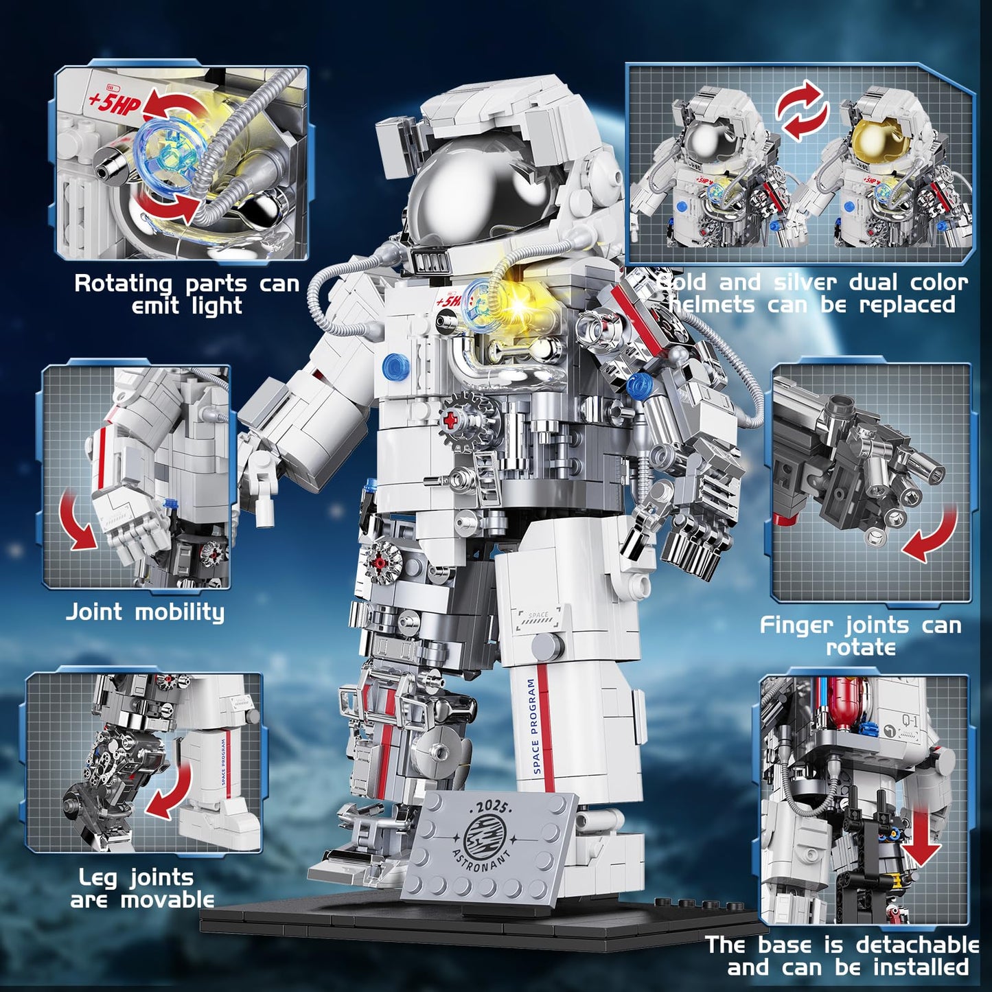 Space Astronaut Building Set Compatible With Lego Space Model With Led Light Fors Adults Gifts For Boys 6+, 907 Pcs Cool Collectible Gift Toys For Adults