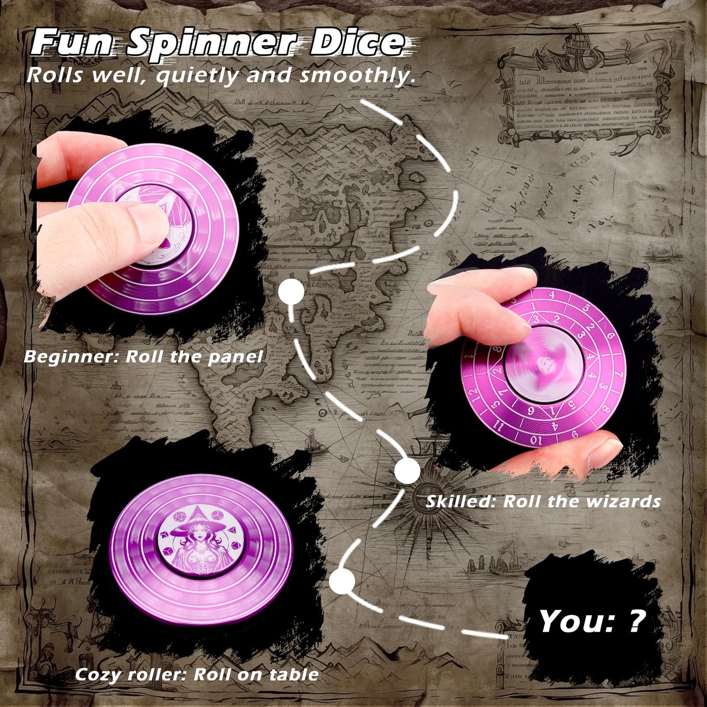 PJOY Spinner Dice 7-in-1 Metal DND Dice Set Built-in D4, D6, D8, D10, D%, D12 and D20 Unique Dice Spinner Wizard Metal D&D Dice