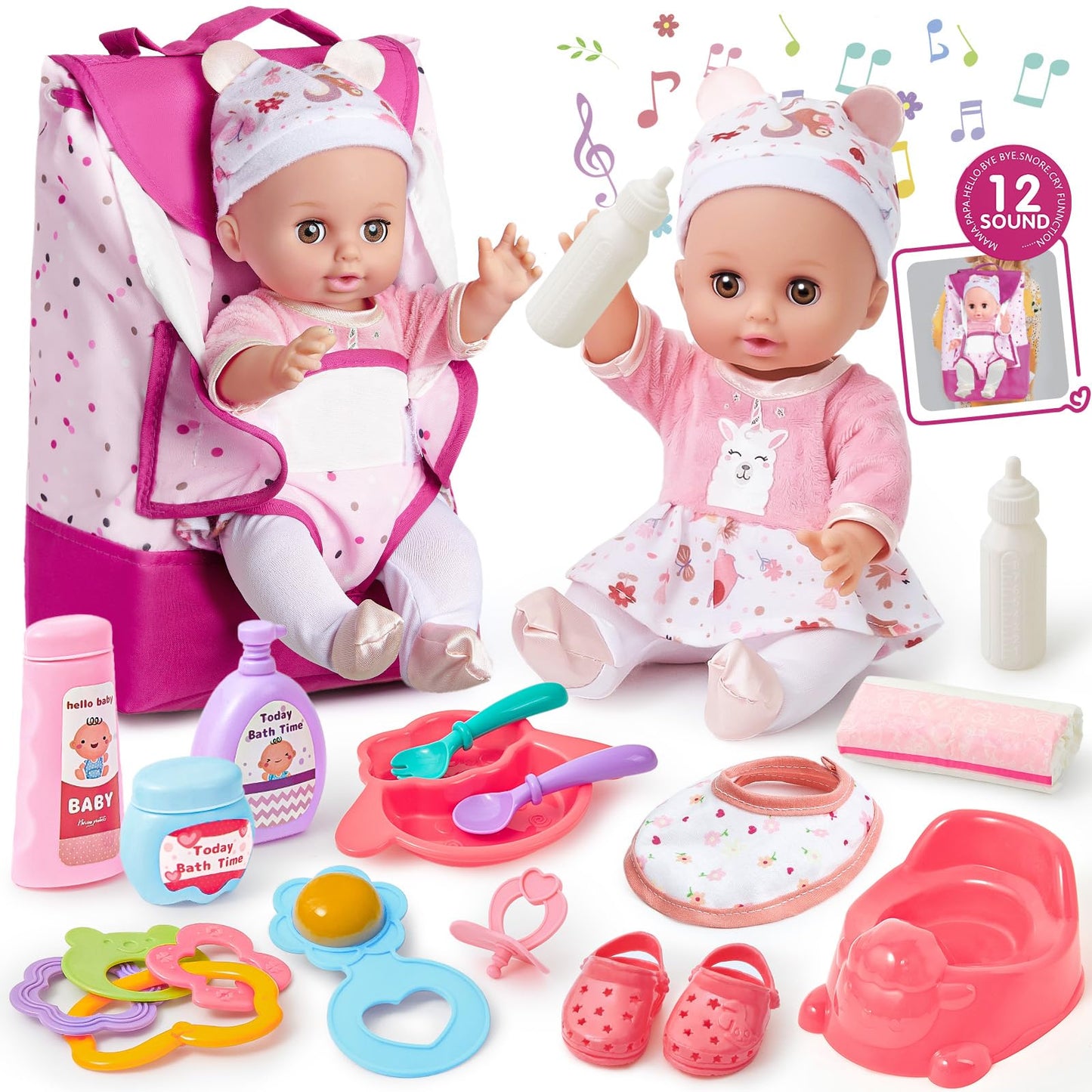 Toylink Interactive Baby Doll Set With Backpack Carrier, 12In Doll Toy With Sound, 18Pcs Baby Doll Accessories Incl Diaper Bib, Girls Pretend Play Toys For Toddler Kids 3 4 5 6 Year Old Gift
