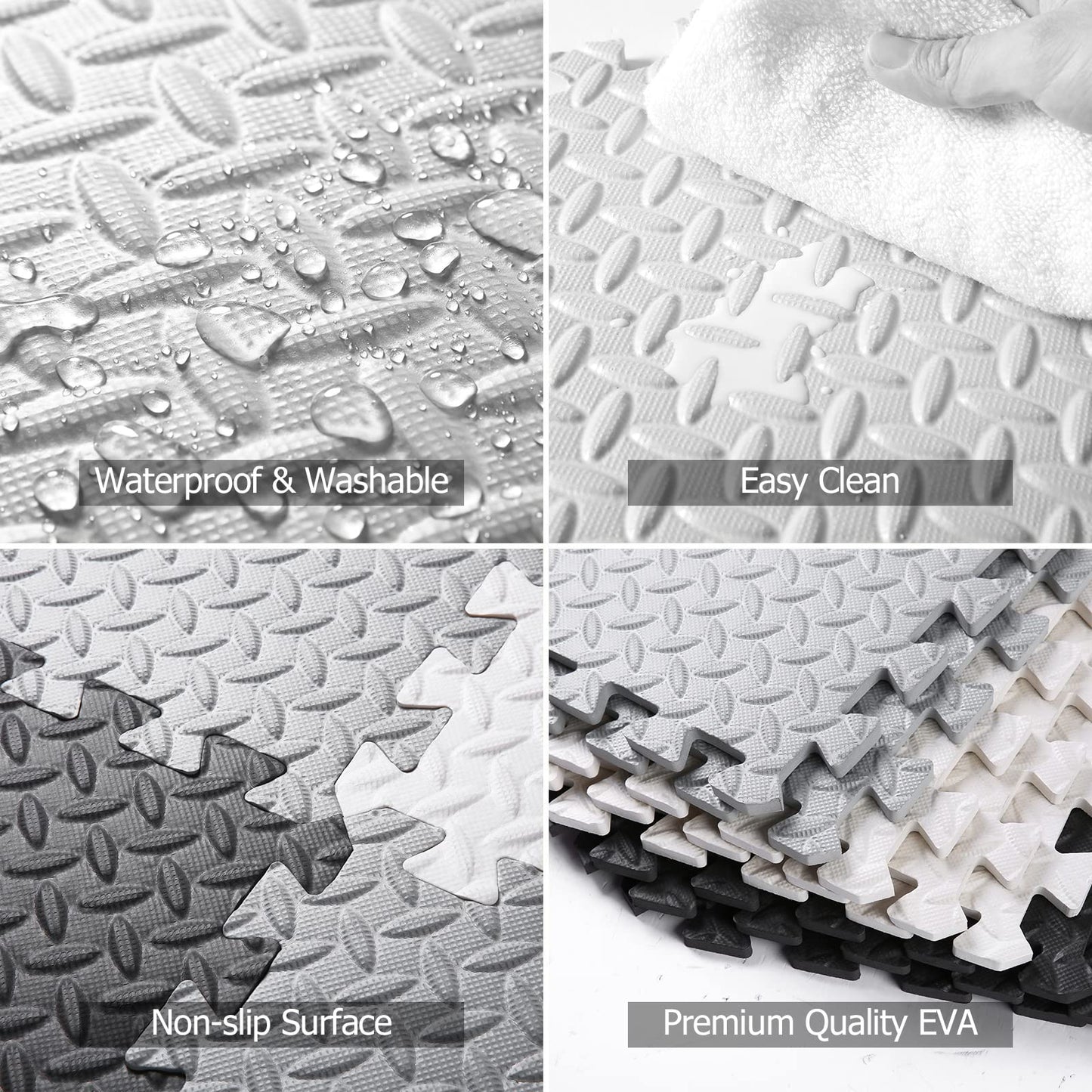 Tamiplay 16 Tiles Foam Play Mat, 0.4 Inch Thicked Interlocking Floor Mats With Solid Colors, Squares Baby Play Mat, Eva Foam Puzzle Floor Mat Foam Mats For Toddlers(White/Black/Gray)