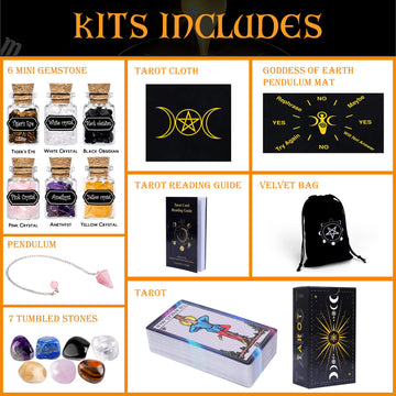 Yixangdd Tarot Cards With Guide Book 18 Pcs Include 1 Deck Of 78 Cards ?6 Mini Crystal Jars,7 Chakra Stones,1 Spirit Pendulum,1 Cloth ,1Goddess Of Earth Pendulum Mat,1 Velvet Bag
