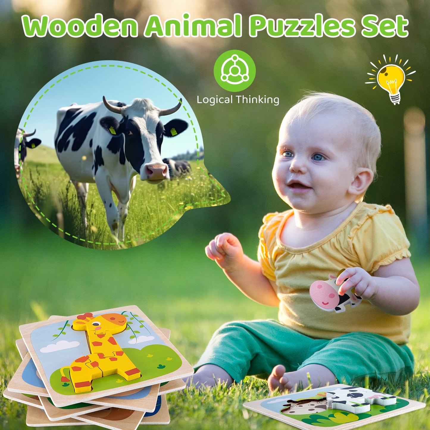 6 Pack Wooden Puzzles For Toddlers 1-3 Years Old - Montessori Toys For 2-Year-Old, Educational Toys With 6 Animal Patterns Puzzl