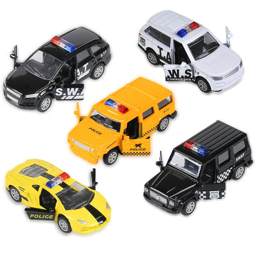 KIDAMI Die Cast Metal Little Toy Cars Set of 5, Openable Doors Pull Back Car Gift Pack for Kids (Police car)