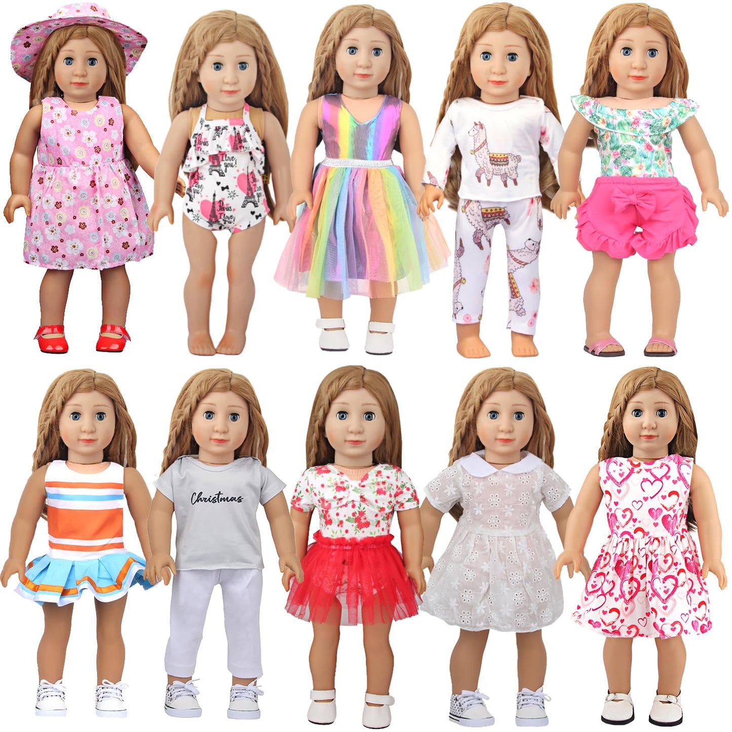 Augfrog 10 Sets Of 18 Inch American Doll Clothes, Including 10 Of Doll Clothing Dress Outfits For Gift Dolls, Birthday Gifts For