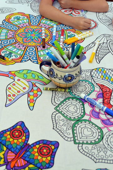The Coloring Table - Mandala Design - Xl Rectangle Tablecloth - Fabric Coloring Tablecloth - Colorable Designs - Washable And Re