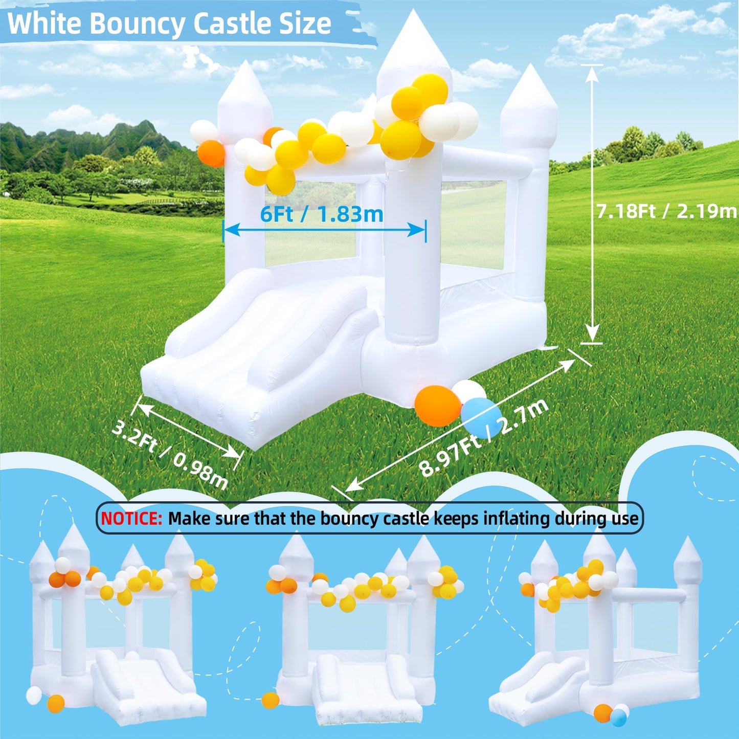White Bounce House, Bounce House For Kids 3-6 Blower Included, Bouncy Castle With Slide Indoor Outdoor,8.9Ft L X 6Ft W X 7.1Ft H