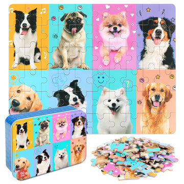 LELEMON 60 Piece Dog Puzzles for Kids Ages 4-8, Educational Jigsaw Puzzle in Metal Box - Fun Learning Toy for Boys & Girls