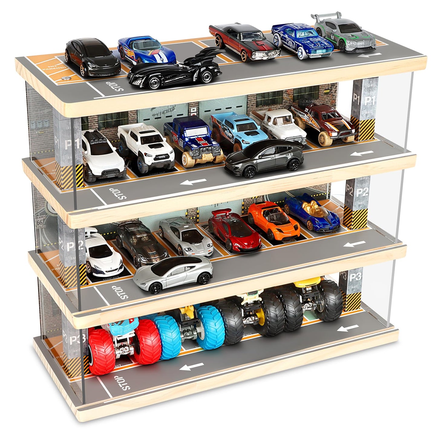 Saichotoy Hot Wheels Storage: Toy Car Parking Garage Diorama With Lights - Freestanding Display Case For 1/64 Scale Diecast Cars