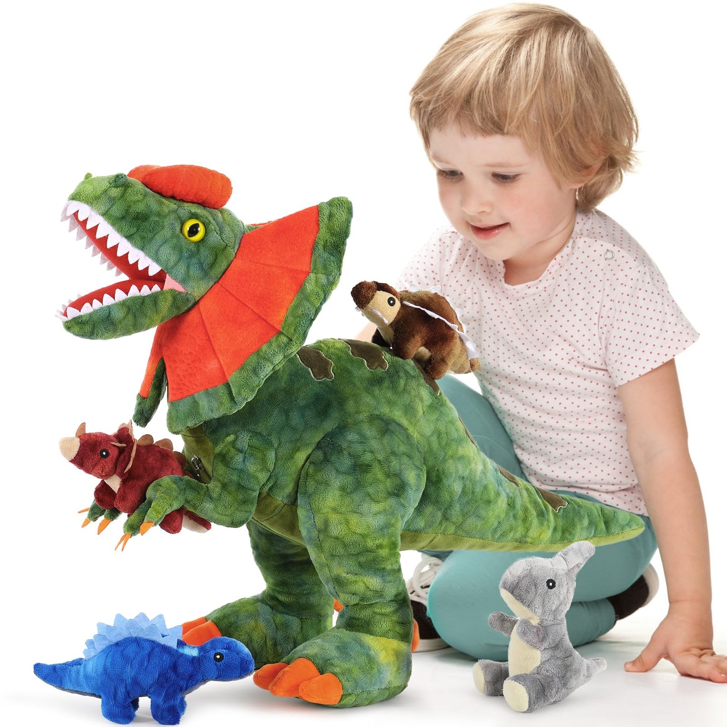 Morismos Dinosaur Stuffed Animal With Babies,18'' Giant Mommy Stuffed Dinosaur Plush With 4 Baby Dinosaur Stuffed Toys Inside Be