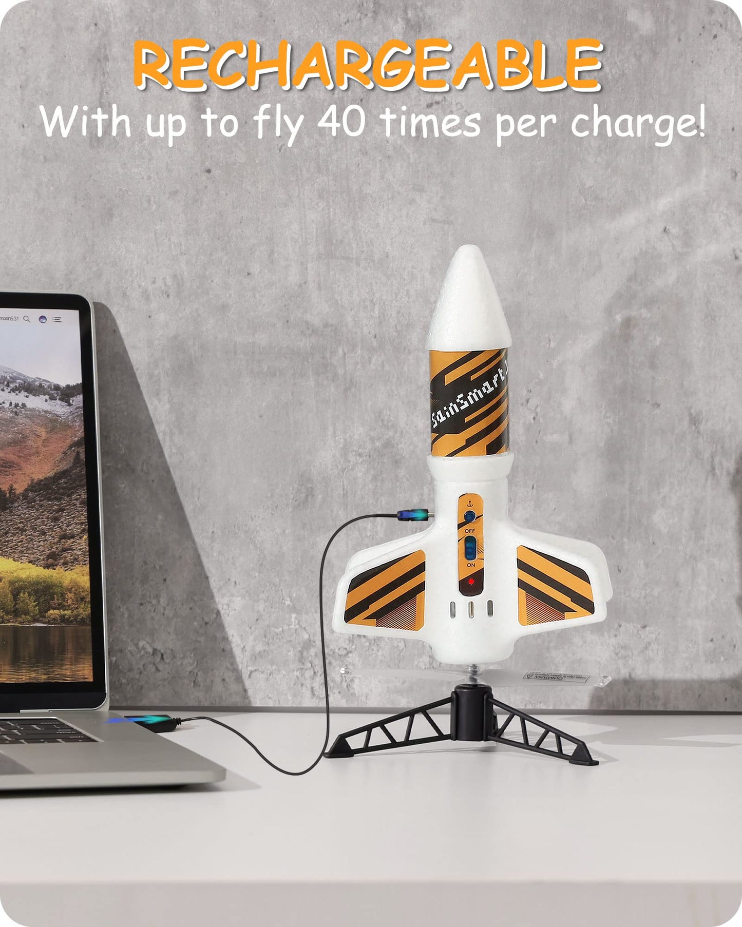 SainSmart Jr. Motorized Rocket Launcher - Air Rocket Toy, 200 ft Range, Parachute, White, 5"L x 10"H