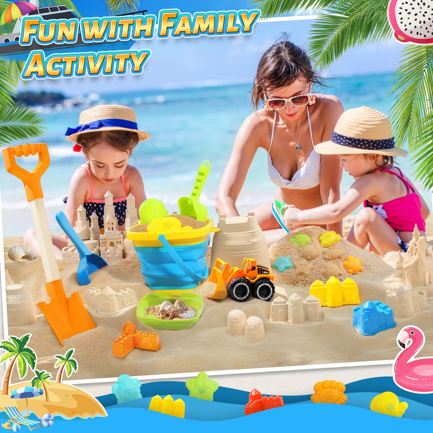 Beach Sand Toys for Kids with Collapsible Bucket and Mesh Bag, Toddlers Filter Sand Scooper Mesh Shovel Cover for Collecting She