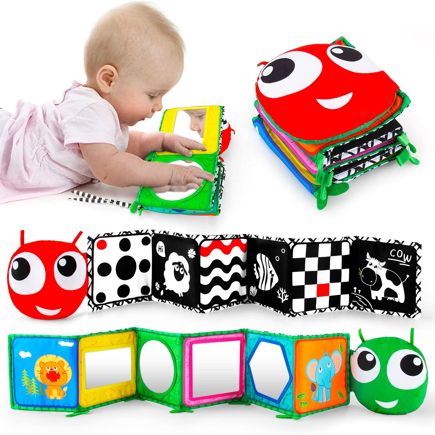 Inbeby Black And White High Contrast Sensory Baby Crib Toys Soft Book, Standable Tummy Time Mirror Toy For Baby Newborn 0 3 6+ Months Brain Development Infant Boy Girl 0 6 Month Multi-Function