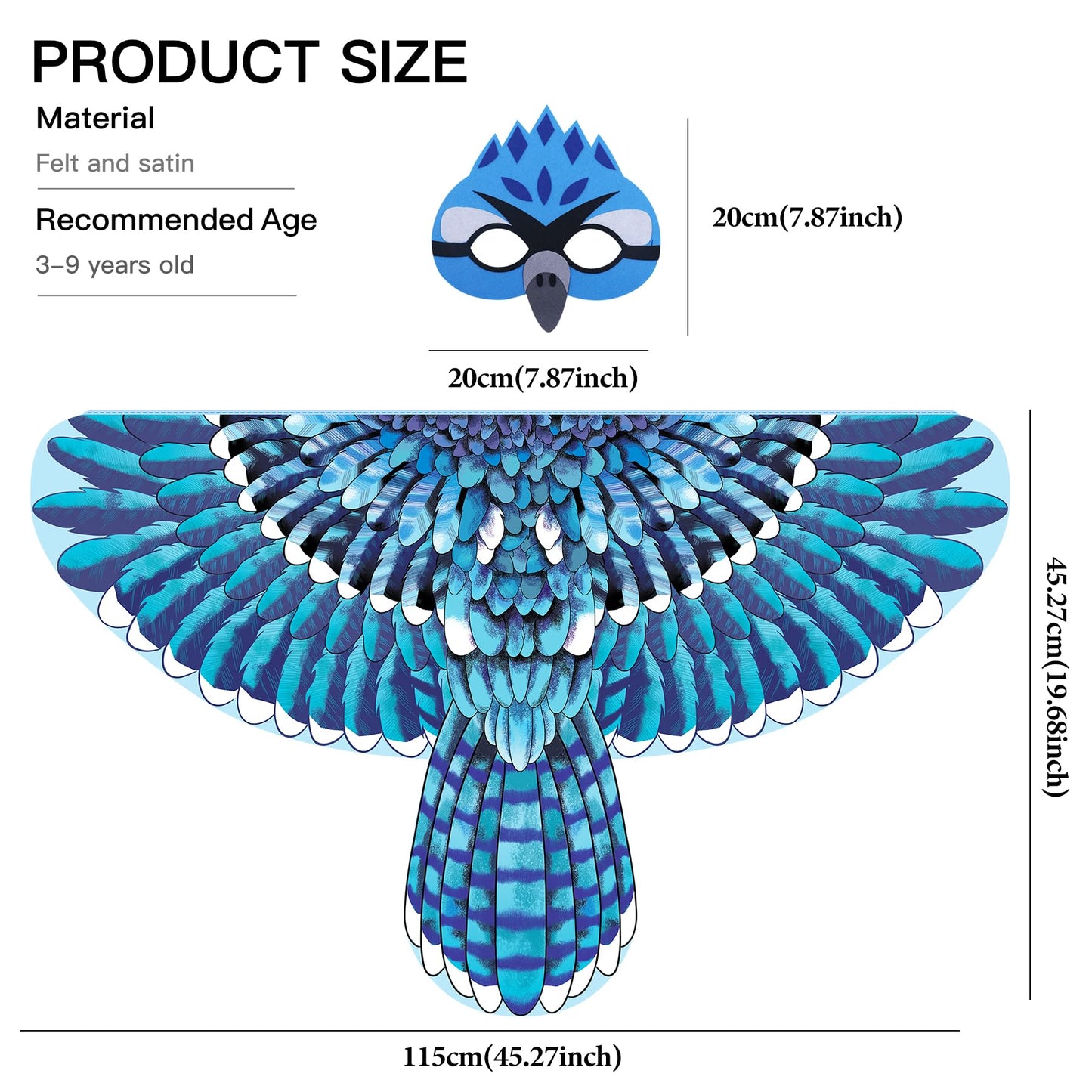 D.Q.Z Bird-Wings-Owl-Costume for Kids with Mask, Dress Up Clothes for Boys Girls Eagle Role Play Hallowen Party (Blue)