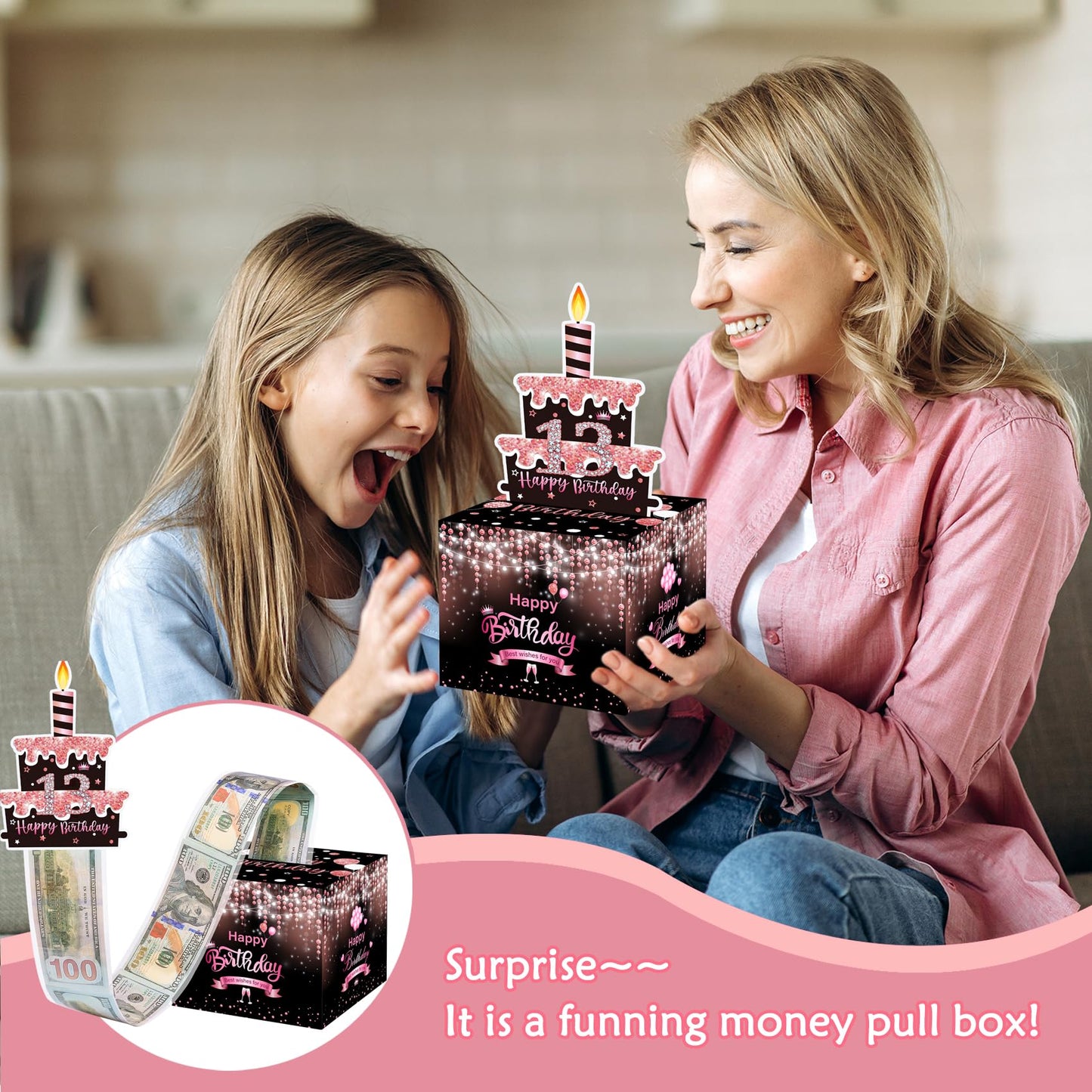 Meiidoshine Birthday Money Gift Box With Diy Stickers For Any Ages, Pink Surprise Money Holder For Cash Gift With Pull Out Happy