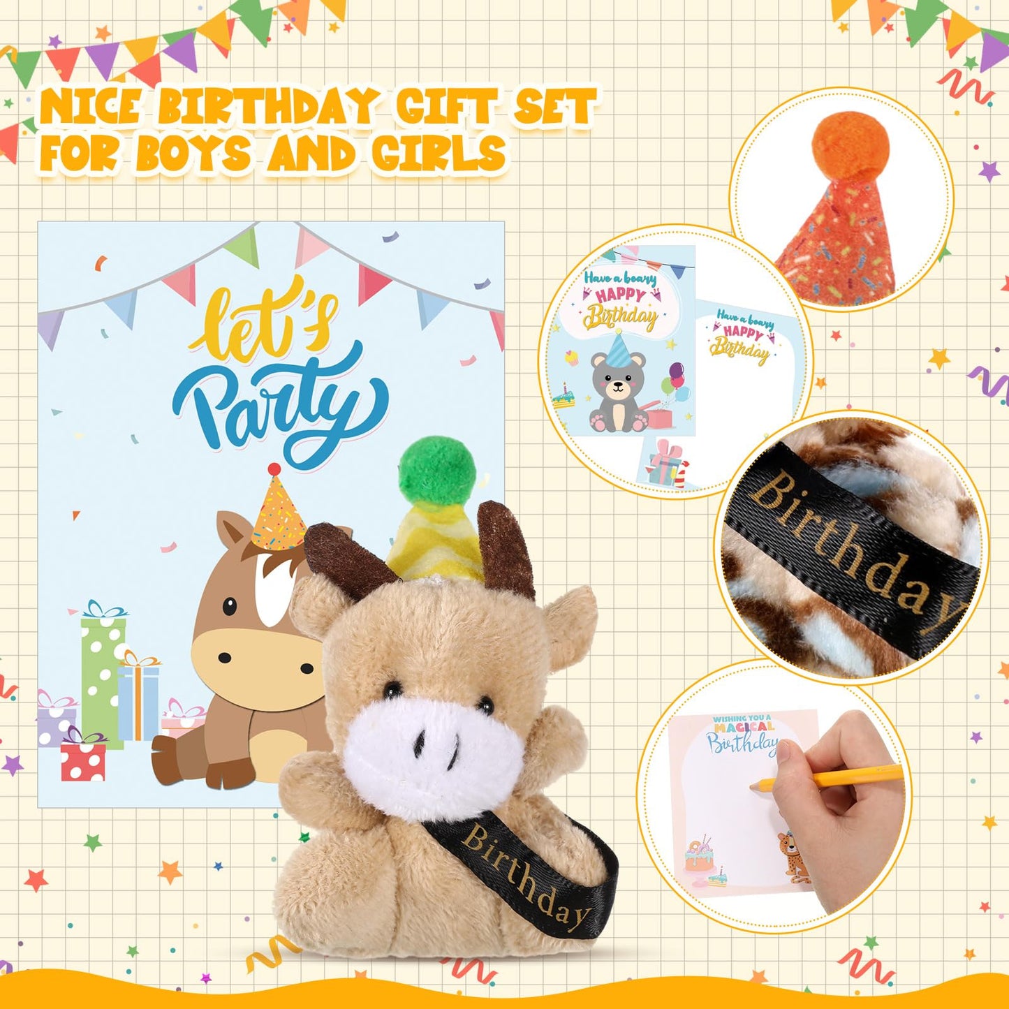 Seenelling Birthday Mini Animal Plush Toy With Hats, Birthday Party Decor Stuffed Animal Bulk For Student Classroom Reward Gifts