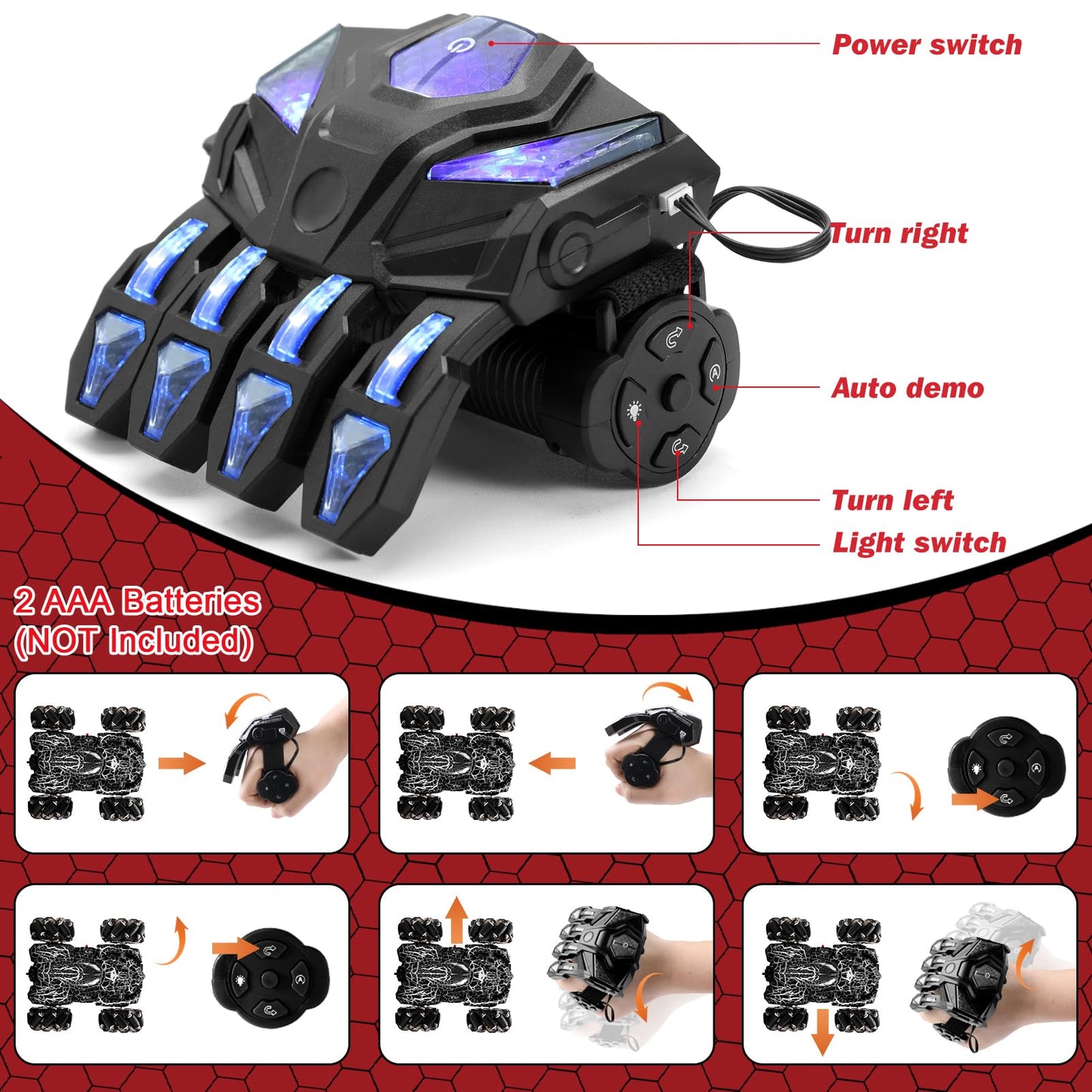 Hand Controlled Remote Control Car, 2.4Ghz Gesture Sensing RC Stunt Car with Wholebody Light & Headlight, Rechargeable 360 Rotat