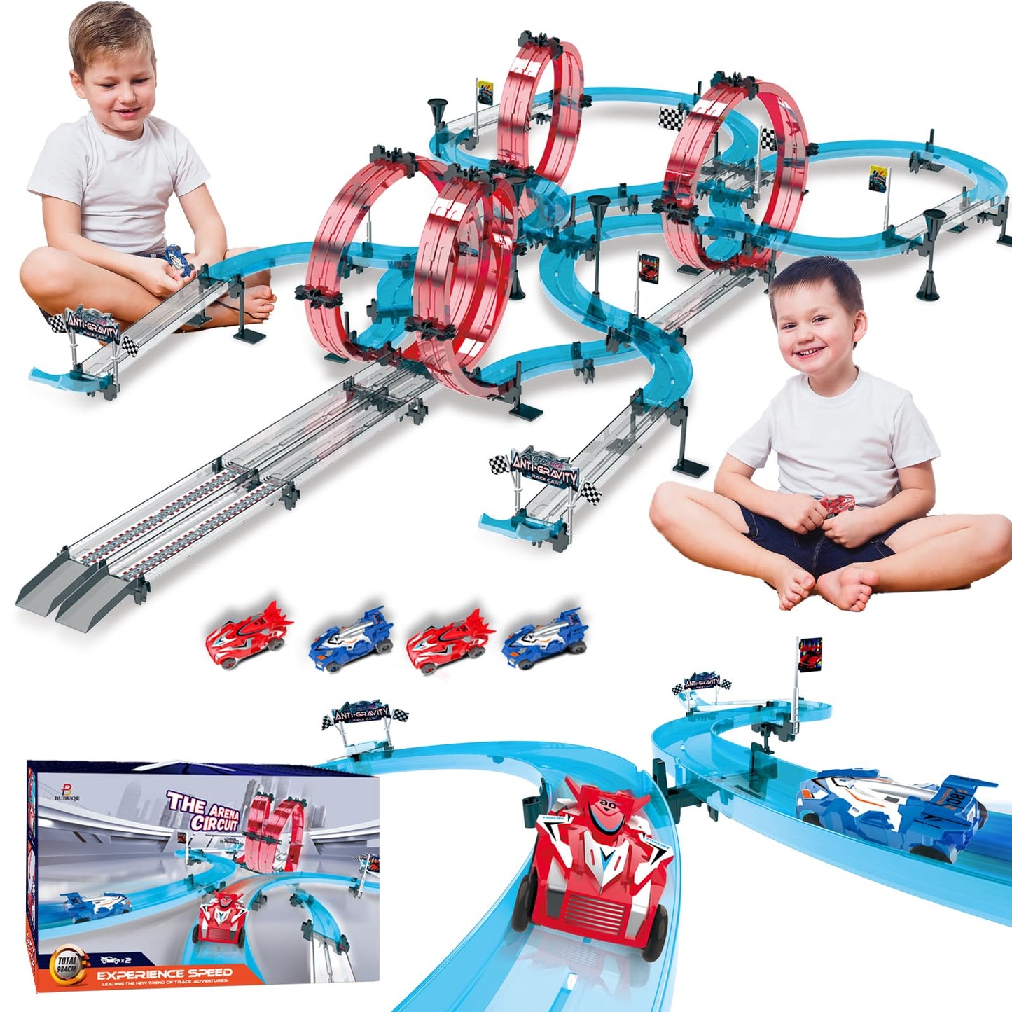 Toy Car Race Track Set Dual-Track Racing for 2 Players with 4 High-Speed Slot Die-Cast Race Cars, 360Loops, Turns and Crossover