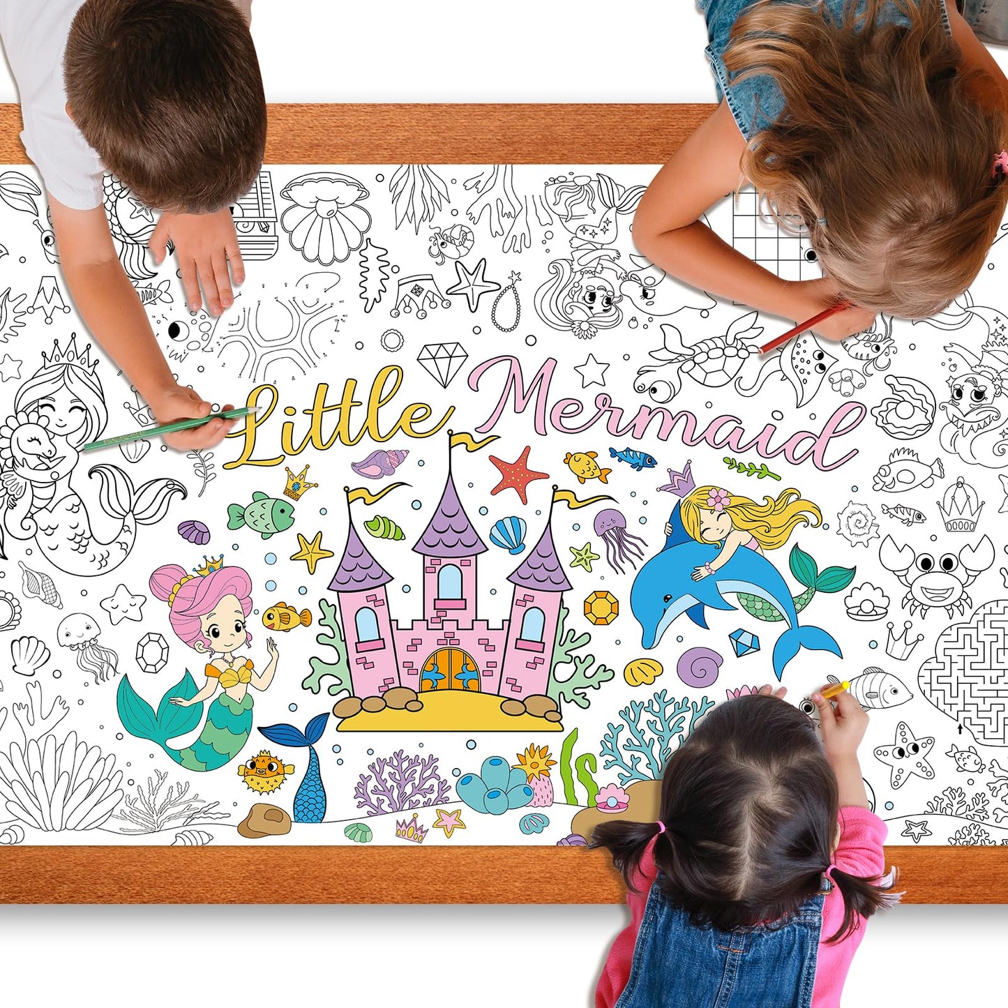 Mermaid Giant Coloring Poster For Kids 30 X 72 Inch, Mermaid Large Coloring Poster Sheets Tablecloth, Mermaid Themed Color-In Ac