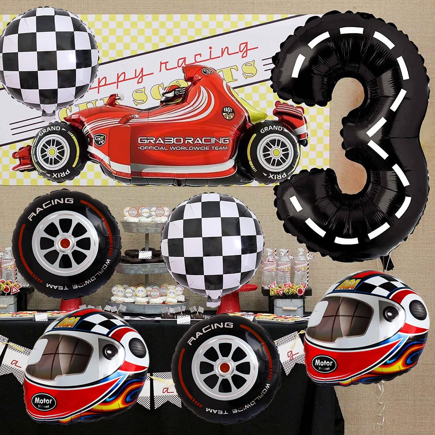 Stcomart 8 Pcs Race Car Party Decorations, Black Number 3 Balloon Checkered Balloons Tire Balloons For Boys 3Rd Birthday