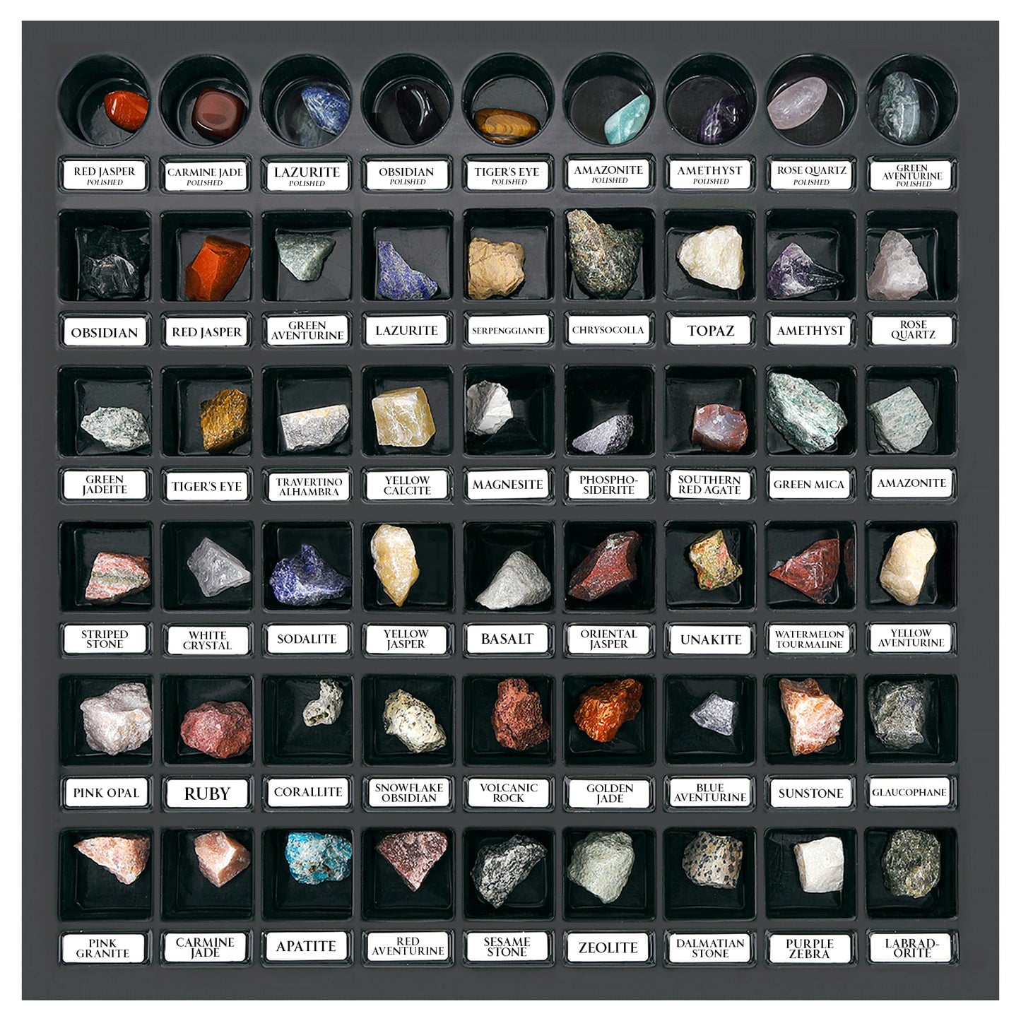 Pibex Rock Collection Starter Kit - 54 Pcs Assorted Gemstones, Crystals, Rocks & Minerals, With Learning Book & Id Cards, Earth