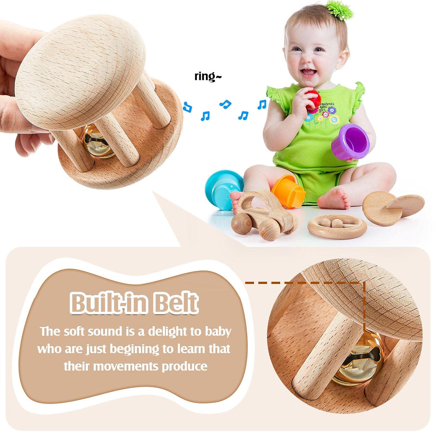 5 Pieces Wooden Baby Toys Wooden Toys For Babies 0-6-12 Months Wood Toys Rattles With Bells Montessori Wood Baby Push Car Wooden Newborn Toy For Infant Boys And Girls Gifts
