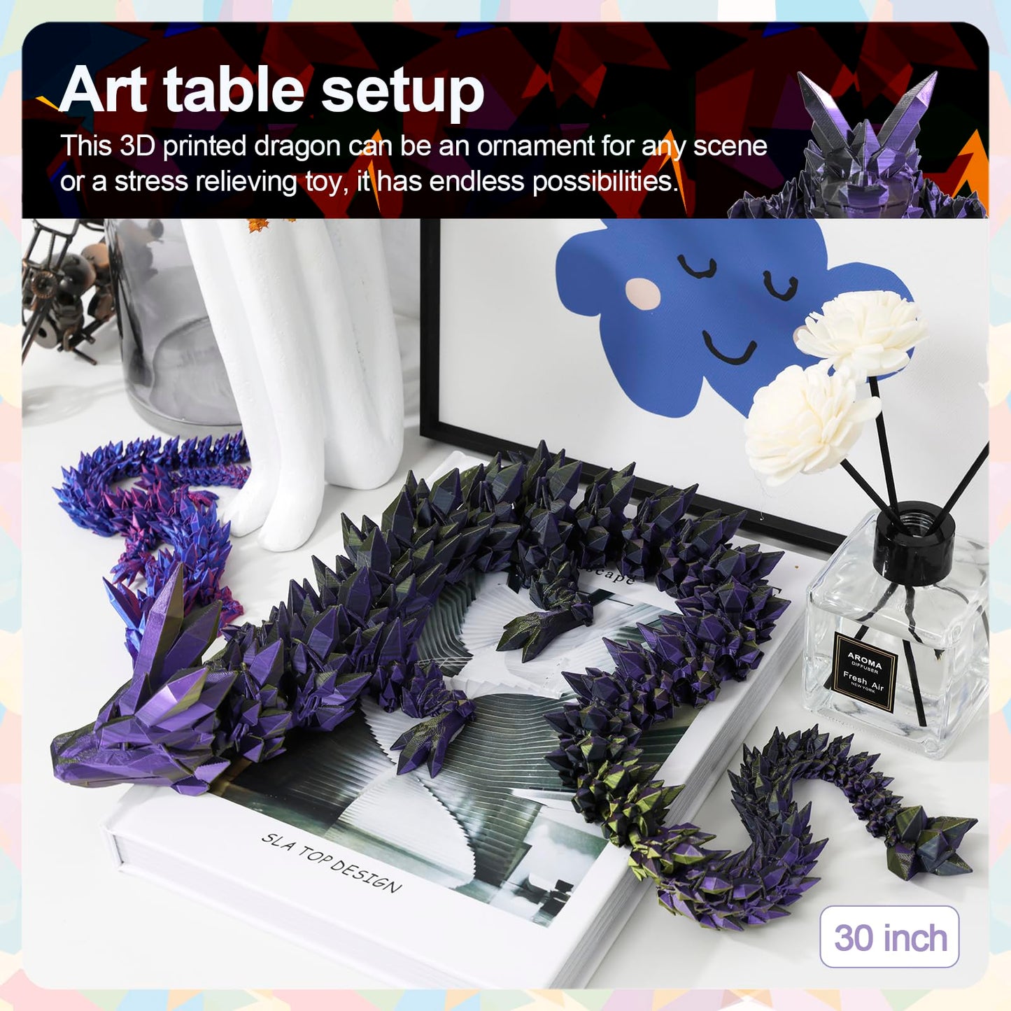 Meet Gladness 30 In 3D Printed Dragon, 30Inch Dragon,3D Dragon Toy,Large Dragon Present,Ariculated Crystal Dragon(Black Purple G