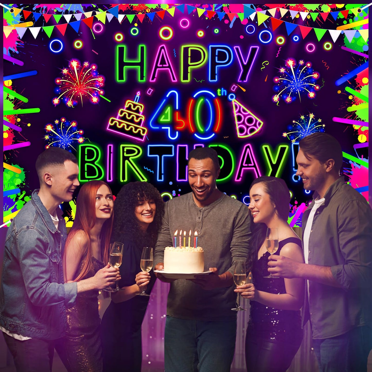 Neon Birthday Party Decorations Neon Happy 40th Birthday Banner Glow in The Dark Party Decorations with UV Black Light Reactive