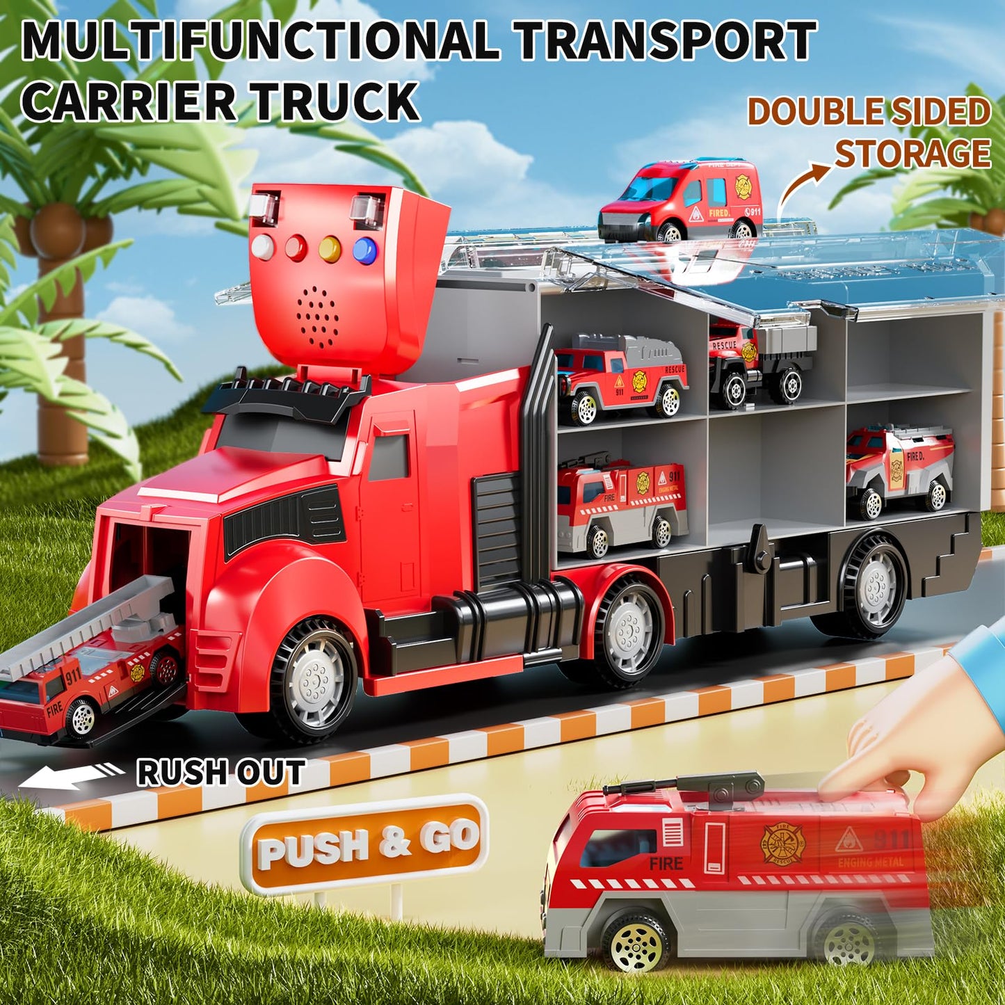 NIPLOOOW Fire Trucks Toy Set with Play Mat, Carrier Truck Play Vehicles Set for 3 4 5 6 Years Old Boys Kids, Die-Cast Car Toy fo