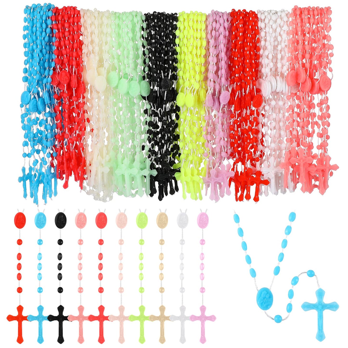 Meooeck 100 Pack Cross Necklaces Bulk Rosary Beads For Church Welcome Gifts Present Plastic Cross Rosary Necklace Prayer Crossed