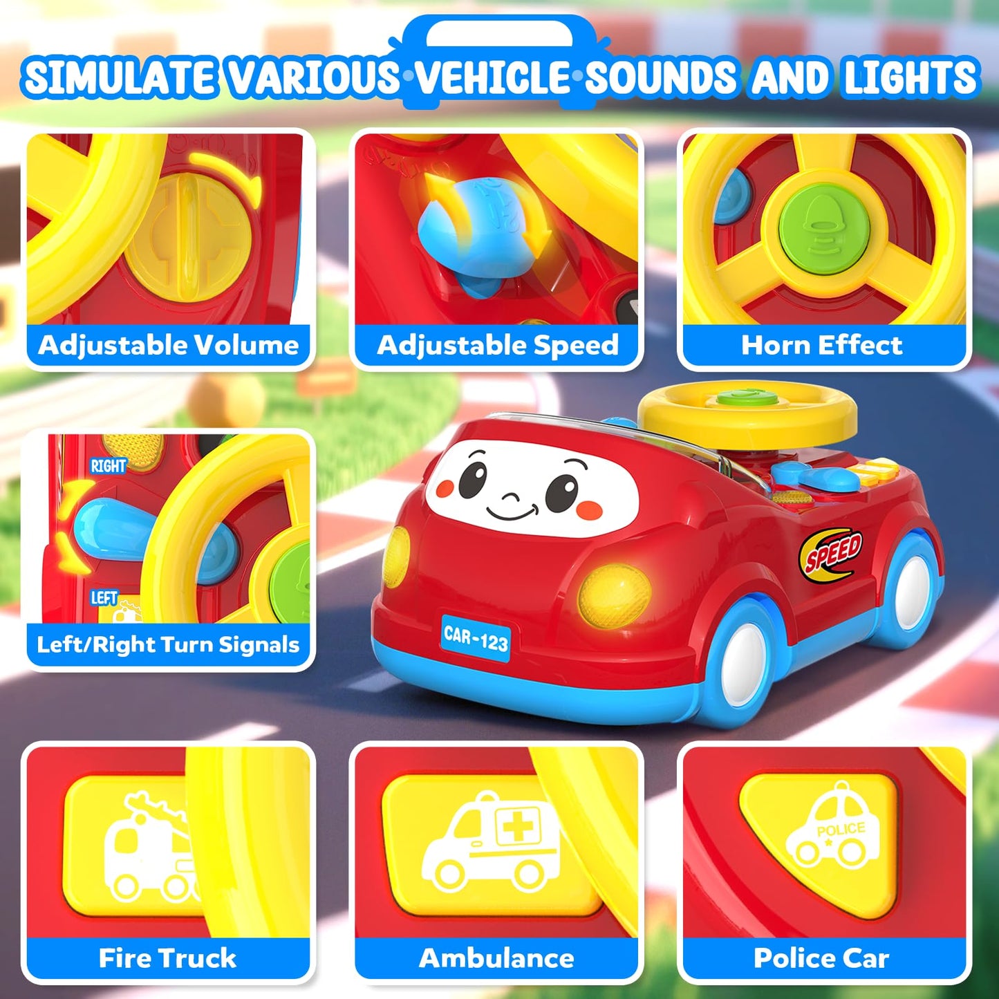 Heygelo 2-in-1 Toddler Push Car & Musical Steering Wheel - Red, Interactive Driving Game for Boys Aged 1-2, Model 2405D
