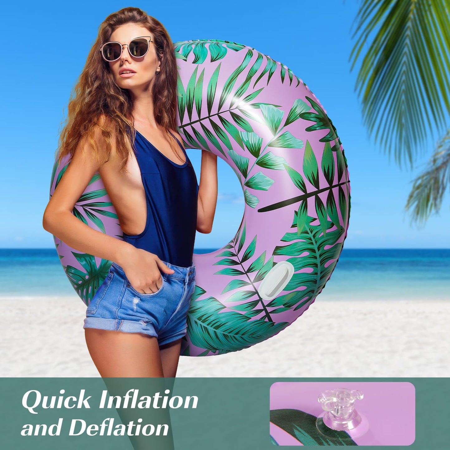 HeySplash Pool Tubes for mature-themed 42 Inch Large Pool Floats with Handles Inflatable Swim Rings Lounge Hawaii Fun Swim Floaties Swimming Pool Beach Lake River Party Decoration Toys Pink+Green Leaves