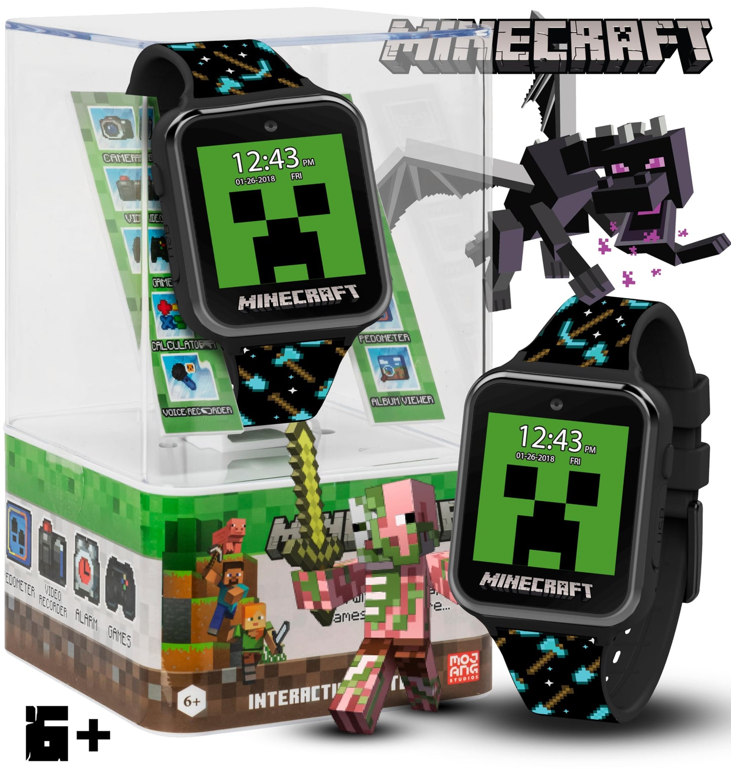 Minecraft Kids Smart Watch - Interactive Touchscreen With Games, Camera, Step Counter, Alarm, Timer, Voice Recorder, And Cool Minecraft Silicone Strap - Fits Wrists 5.5' To 8.0'