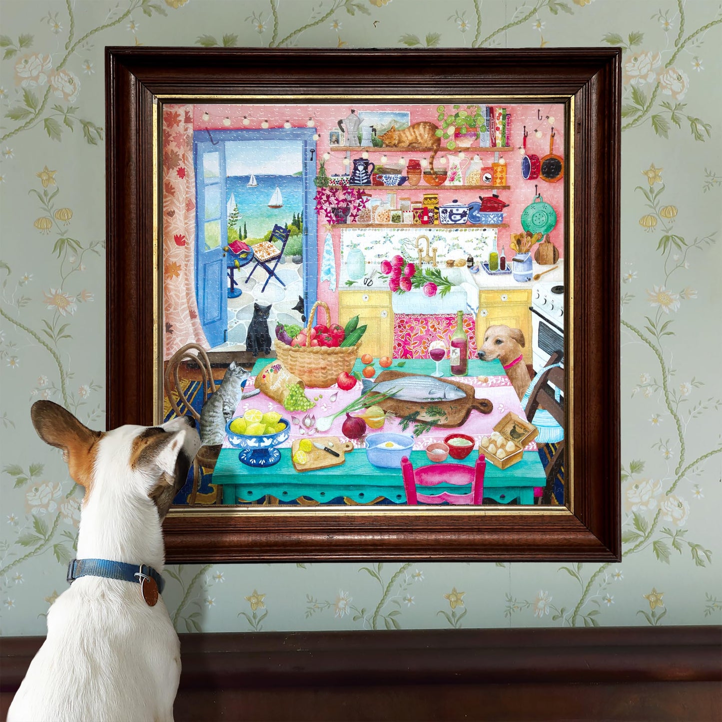 eeBoo Piece & Love Pink Kitchen 1000 Piece Puzzle - Adult Square Jigsaw, 23x23, Glossy Pieces with Image Reference Insert