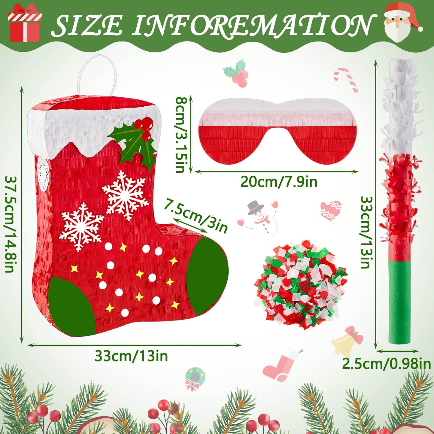 Lewtemi Mini Stocking Piñata, Christmas Piñata Mini Piñata With Blindfold And Bat Confetti Christmas Party Decoration For Xmas Party Supplies Home Decorations,14.8 X 13 X 2.95 Inches