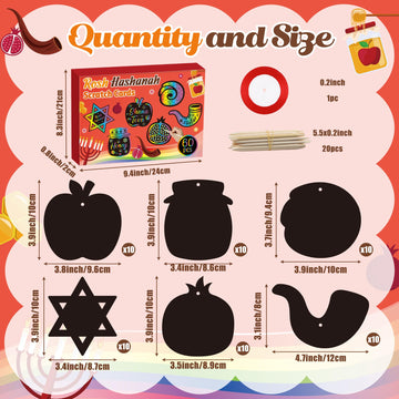 CY2SIDE 60PCS Rosh Hashanah Jewish New Year Scratch Card Gift Set for Kid, DIY Shana Tova Scratch Paper Art for Kids School Acti