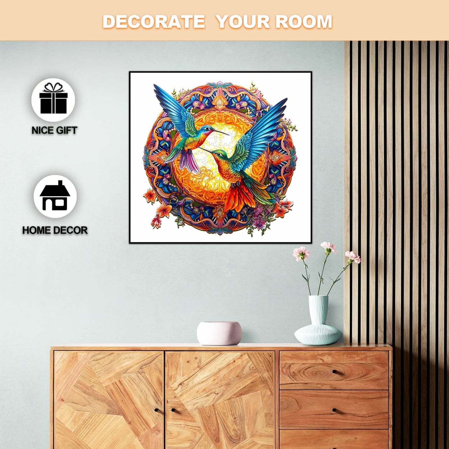 Woodbests Wooden Jigsaw Puzzle For Adults, Mandala Hummingbird Puzzle (L, 300Pcs, 13.8'X13.8') Beautiful Wooden Box, Puzzle Wood Unique Shape, Birthday Gifts For Adults And Kids Family Game