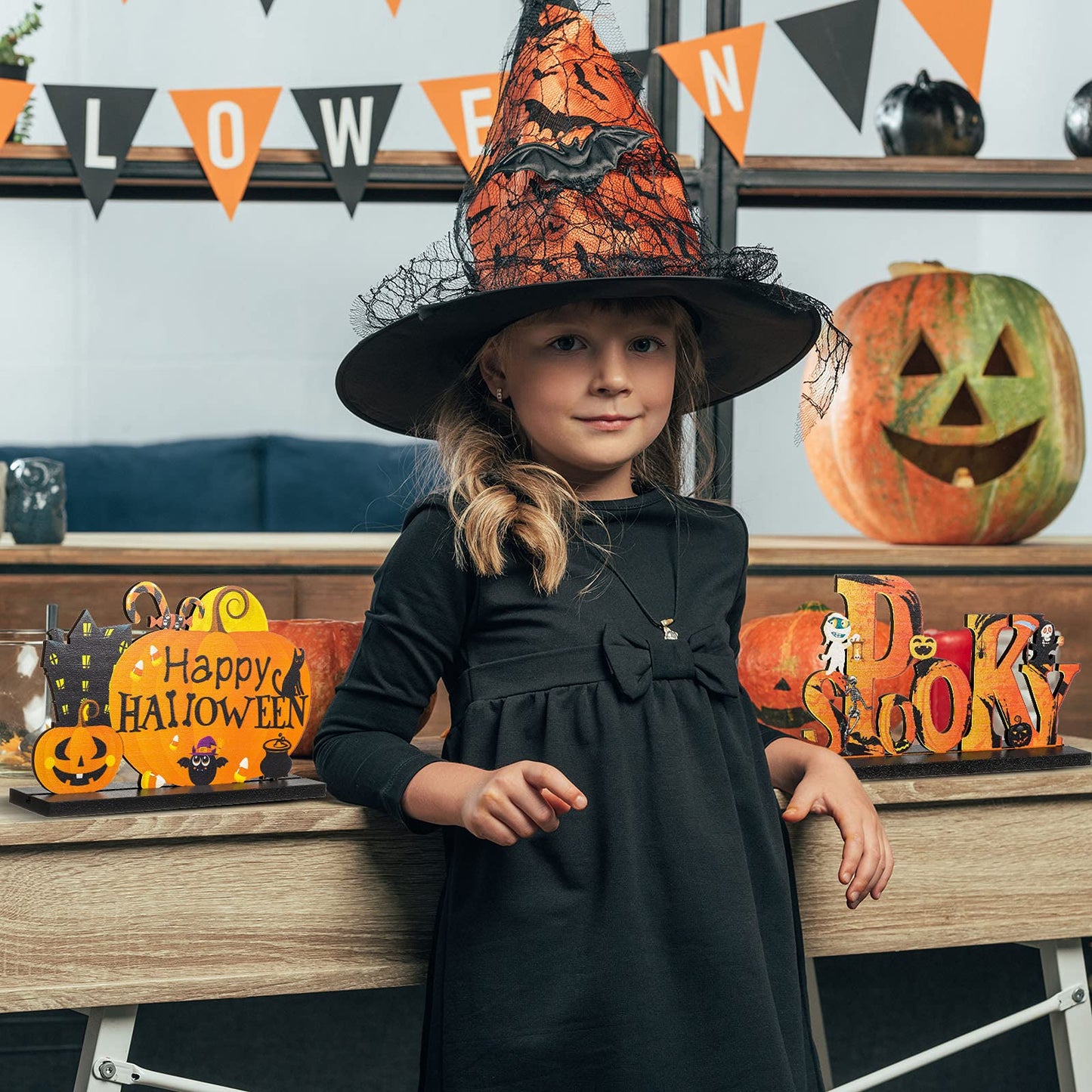 Blulu 4 Pcs Halloween Centerpieces for Tables Happy Indoor Table Decorations Pumpkin Table Centerpieces Wooden Boo Trick or Trea