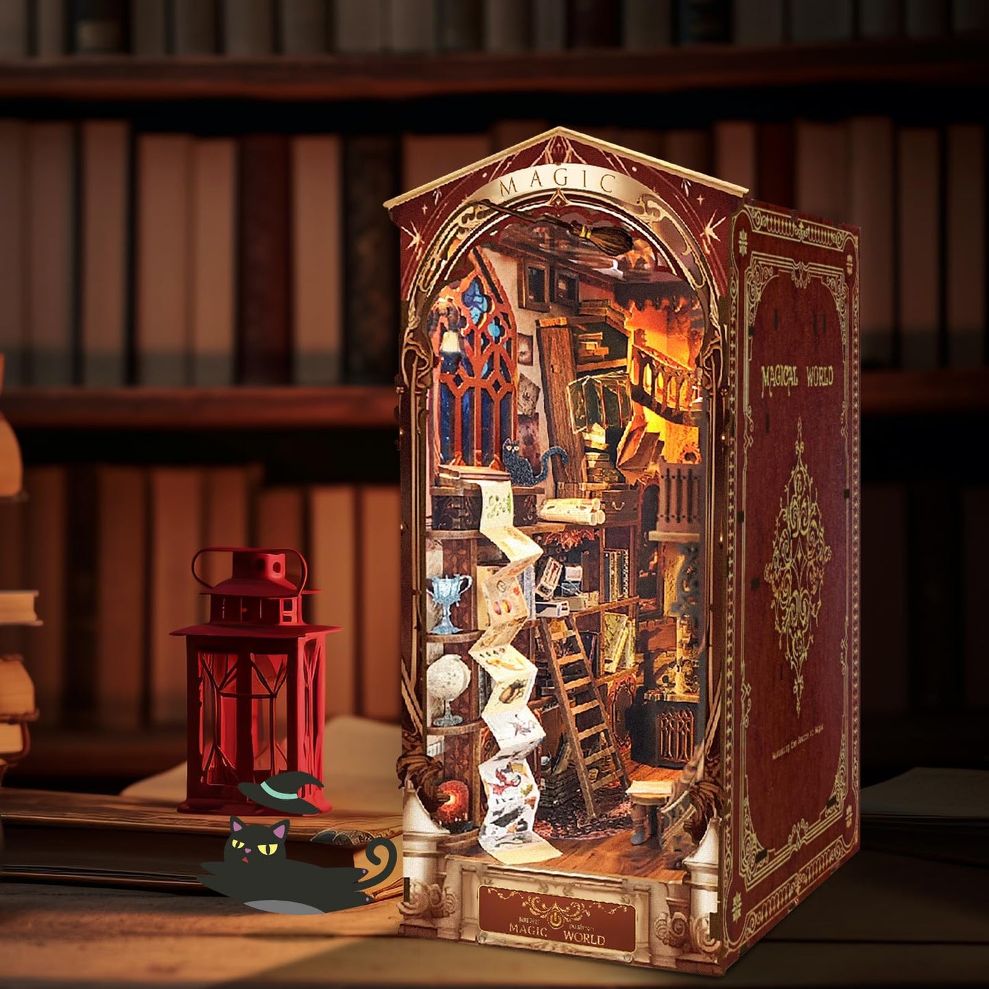 Quanquer Diy Book Nook Kit - Diy Dollhouse Booknook With Led Light - 3D Wooden Puzzle Miniature House Kits Bookends - Diy Crafts For Adults - Bookshelf Insert Decor - Gifts Family And Friends