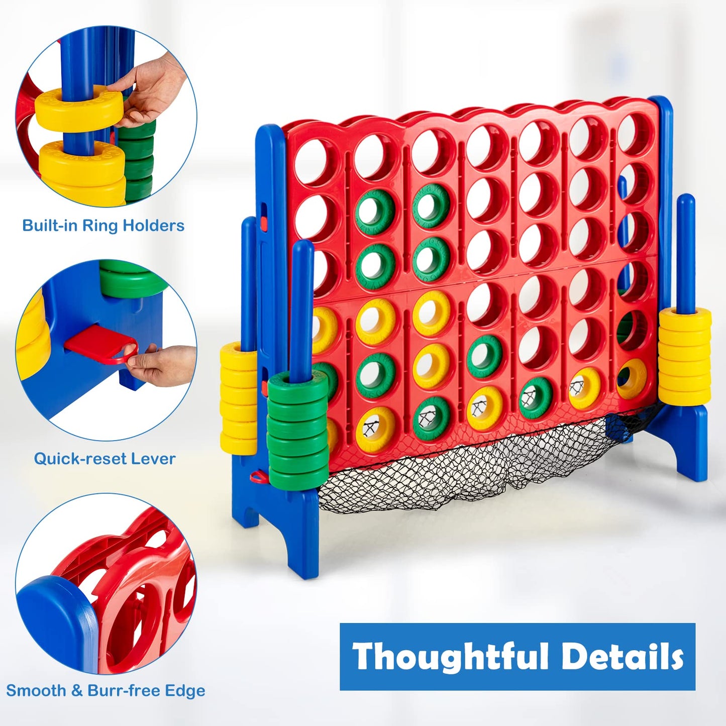 Costzon Jumbo 4-To-Score Giant Game Set, 3.5Ft Tall 4 In A Row W/ 42 Jumbo Rings, Quick-Release Slider & Mesh Net, Indoor Outdoo