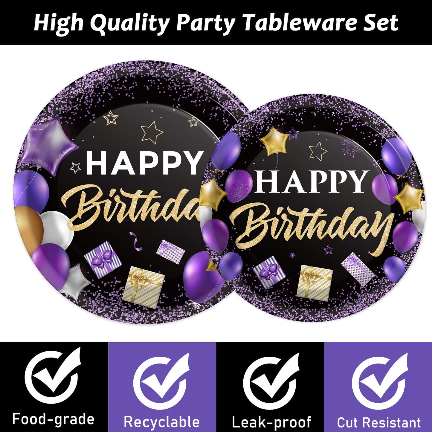 Purple Birthday Plates And Napkins Purple And Black Happy Birthday Party Supplies Tableware Set For 24 Guests Table Decorations