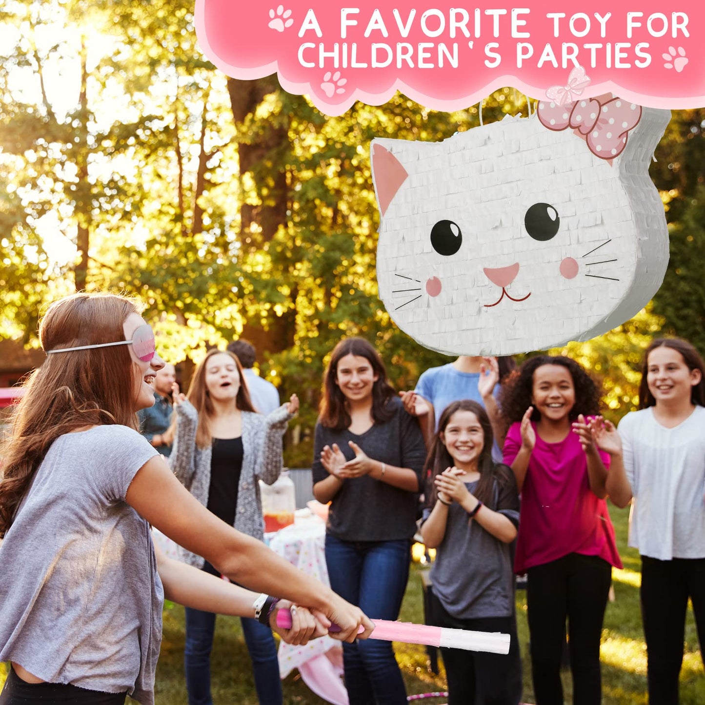 Cat Piñata Cat Birthday Party Supplies Kitty Cat Piñatas For Birthday Party Cat Party Decorations With Blindfold Bat And Confetti For Party Baby Shower Decors, 14.5 X 11.8 X 2.7 Inch, Pink And White