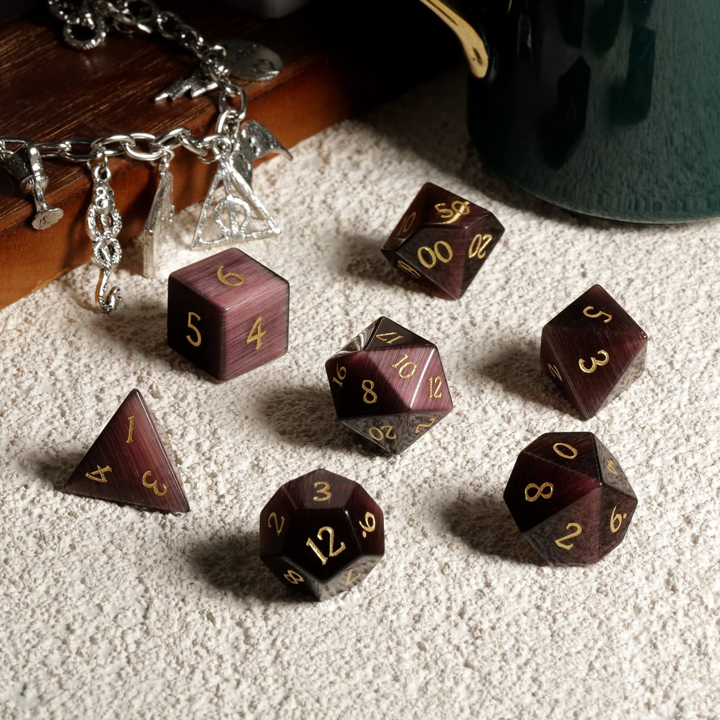 Gemstone D&D Dice DNDND 7 PCS Purple Cat's Eye Dice with Grogeous Gift Case for DND Dungeons and Dragon Table Game (Purple Cat's